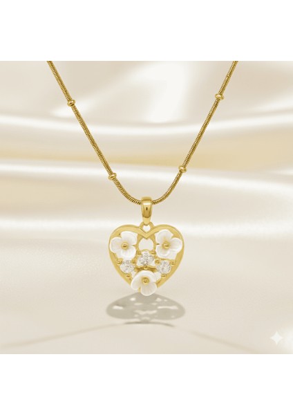 Kadın Çelik Kolye - Toplu Snake Zincirli - Kalp Tasarım - Kır Çiçeği Süslemeli - Altın Renk fırsatları