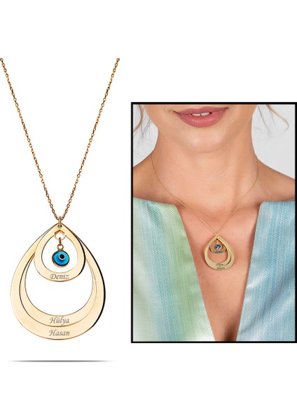 Isme Özel Yazılı Altın Renk 925 Ayar Gümüş Bayan Üç Damla Kolye modelleri