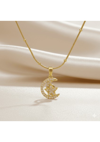 Kadın Çelik Kolye - Ay Yıldız Tasarım - Beyaz Zirkon Taşlı - Stres Çarkı Model - Altın Renk fırsatları