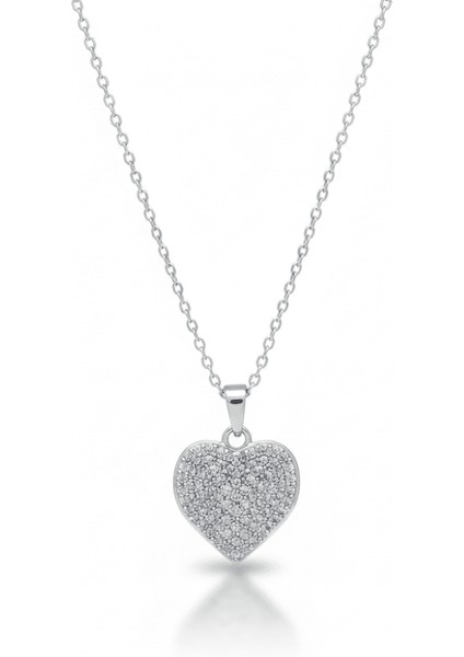 Kadın Çelik Kolye - Kalp Tasarım - Beyaz Zirkon Taşlı - Gümüş Renk