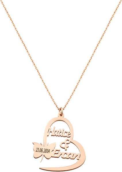 Kişiye Özel Isim Tarih Yazılı Rose Renk 925 Ayar Gümüş Kelebek Kalp Kolye