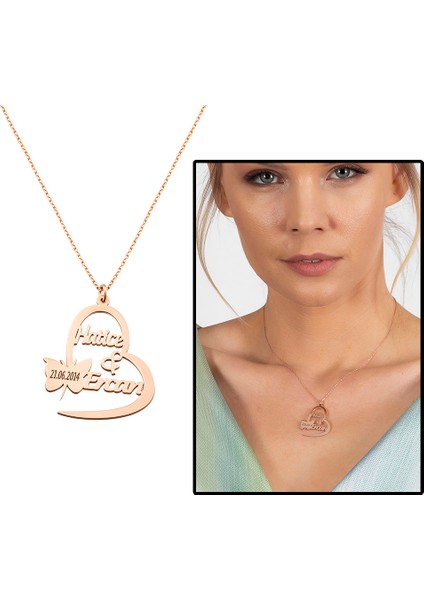 Kişiye Özel Isim Tarih Yazılı Rose Renk 925 Ayar Gümüş Kelebek Kalp Kolye fiyatları