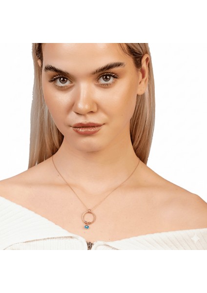 Beyaz Zirkon Taşlı Nazar Boncuğu Detaylı Dorika Top Süslemeli Rose Renk 925 Ayar Gümüş Kadın Kolye modelleri