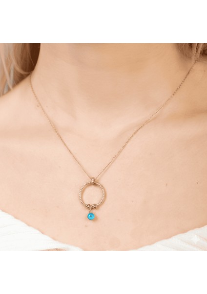 Beyaz Zirkon Taşlı Nazar Boncuğu Detaylı Dorika Top Süslemeli Rose Renk 925 Ayar Gümüş Kadın Kolye fırsatları