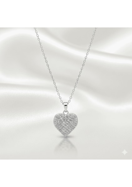 Kadın Çelik Kolye - Kalp Tasarım - Beyaz Zirkon Taşlı - Gümüş Renk fırsatları