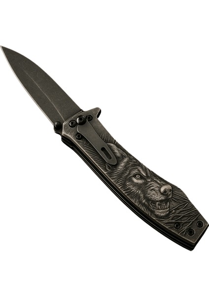 Sibirya Kurt Desenli Metal Saplı Isme Özel Yazılı 9CR18MOV Kalite Paslanmaz Çelik Avcı Kamp Bıçağı