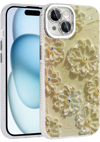 Apple iPhone 15 Kılıf Çiçek Desenli Parlak Taşlı Sert Silikon Mbvo Garden Kapak-Beyaz