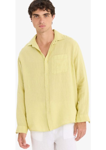 %100 Keten Relax Fit Uzun Kollu Gömlek F4598AX25HS
