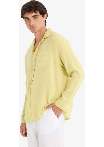 %100 Keten Relax Fit Uzun Kollu Gömlek F4598AX25HS