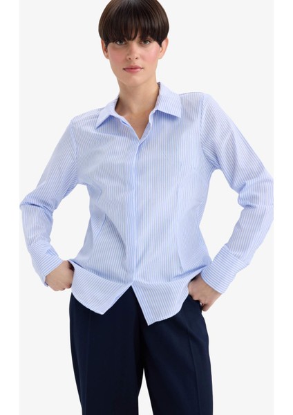 Fitted Çizgili Poplin Uzun Kollu Gömlek D3172AX25WN