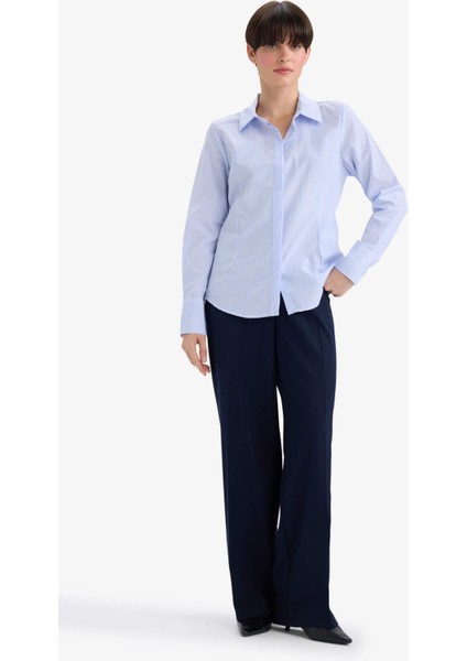 Fitted Çizgili Poplin Uzun Kollu Gömlek D3172AX25WN