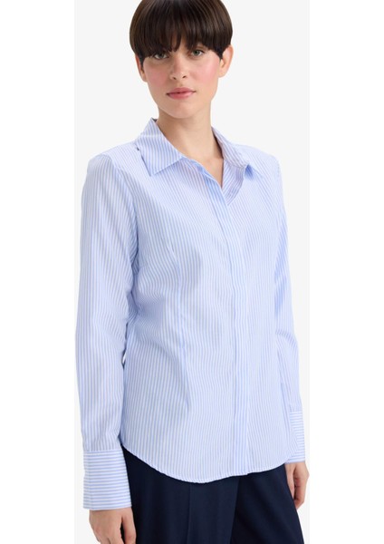 Fitted Çizgili Poplin Uzun Kollu Gömlek D3172AX25WN