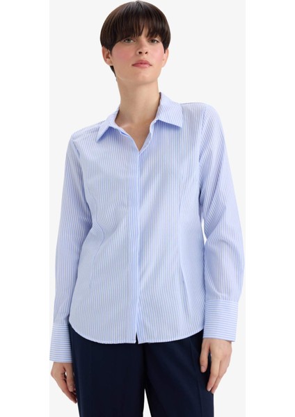 Fitted Çizgili Poplin Uzun Kollu Gömlek D3172AX25WN