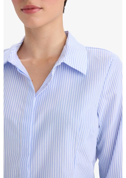 Fitted Çizgili Poplin Uzun Kollu Gömlek D3172AX25WN