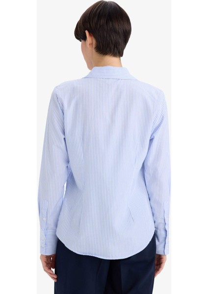 Fitted Çizgili Poplin Uzun Kollu Gömlek D3172AX25WN