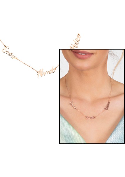 Kişiye Özel Üç Isim Yazılı Rose Renk 925 Ayar Gümüş Bayan Kolye fiyatları