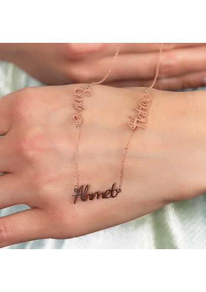 Kişiye Özel Üç Isim Yazılı Rose Renk 925 Ayar Gümüş Bayan Kolye modelleri