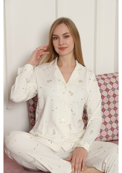 Kadın Yılbaşı Temalı Uzun Kollu Önden Düğmeli Pijama Takımı 781