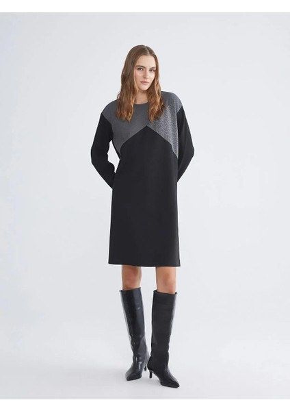 Bisiklet Yaka Renk Bloklu Elbise (W5)