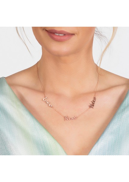 Kişiye Özel Üç Isim Yazılı Rose Renk 925 Ayar Gümüş Bayan Kolye indirimleri