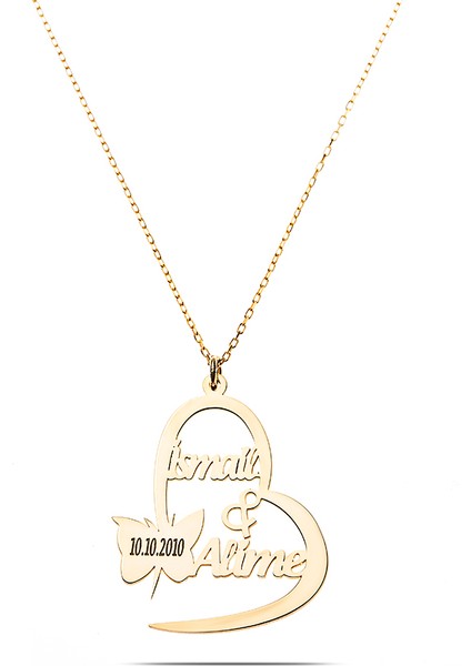 Kişiye Özel Isim Tarih Yazılı Gold Renk 925 Ayar Gümüş Kelebek Kalp Kolye