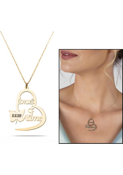 Kişiye Özel Isim Tarih Yazılı Gold Renk 925 Ayar Gümüş Kelebek Kalp Kolye fiyatları