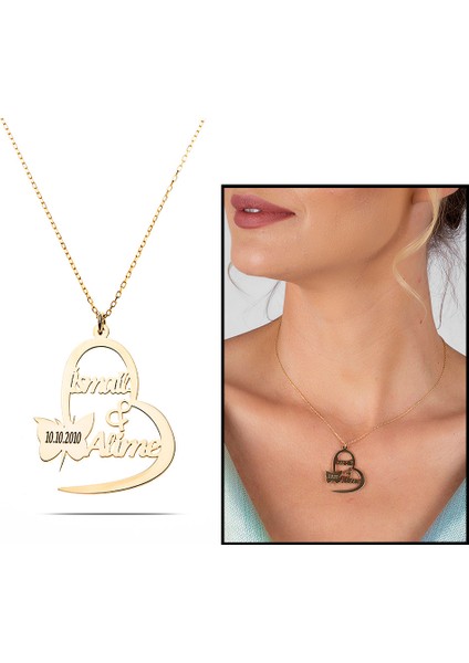 Kişiye Özel Isim Tarih Yazılı Gold Renk 925 Ayar Gümüş Kelebek Kalp Kolye fırsatları