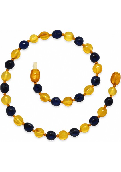 Sarı Lacivert Renk Natural Form Doğal Damla Kehribar Taşlı Bebek Diş Kolyesi