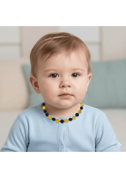 Sarı Lacivert Renk Natural Form Doğal Damla Kehribar Taşlı Bebek Diş Kolyesi modelleri
