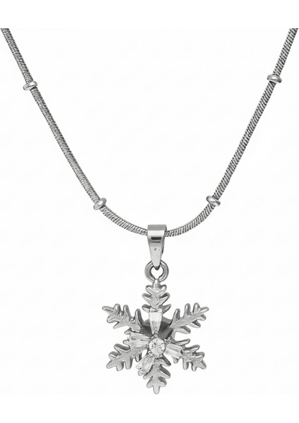Kadın Çelik Kolye - Kar Tanesi Tasarım - Beyaz Zirkon Taşlı - Stres Çarkı Model - Gümüş Renk