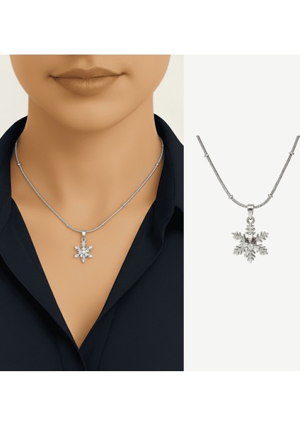 Kadın Çelik Kolye - Kar Tanesi Tasarım - Beyaz Zirkon Taşlı - Stres Çarkı Model - Gümüş Renk fiyatları