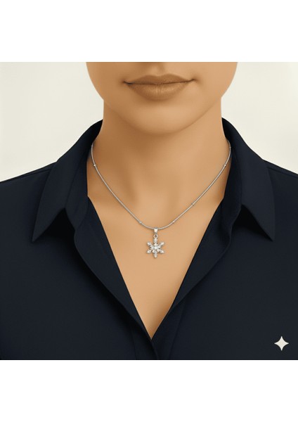 Kadın Çelik Kolye - Kar Tanesi Tasarım - Beyaz Zirkon Taşlı - Stres Çarkı Model - Gümüş Renk modelleri