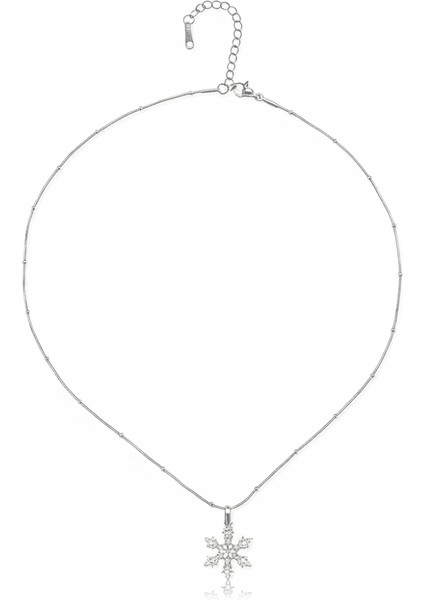 Kadın Çelik Kolye - Kar Tanesi Tasarım - Beyaz Zirkon Taşlı - Stres Çarkı Model - Gümüş Renk indirimleri