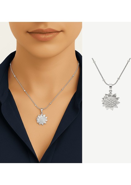 Kadın Çelik Kolye - Güne Bakan Tasarım - Beyaz Zirkon Taşlı - Stres Çarkı Model - Gümüş Renk fiyatları