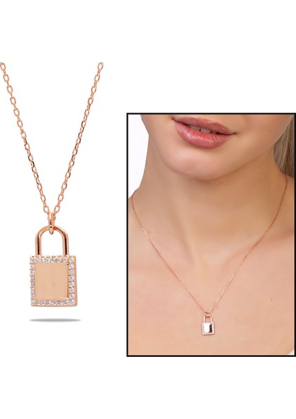 Zirkon Taşlı Kilit Tasarım Rose Renk Isme Özel Harf Yazılı 925 Ayar Gümüş Kadın Kolye fiyatları