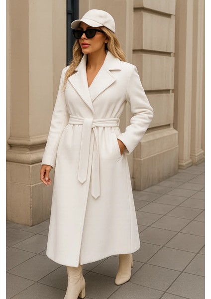 Kadın Kışlık Trend Kuşaklı Uzun Beyaz Kaşe Kaban