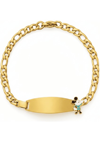 Çocuk Çelik Bileklik - Isme Özel Yazılı - Altın Renk - Mickey Mouse Figürlü - Figaro Zincirli