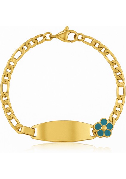 Çocuk Çelik Bileklik - Isme Özel Yazılı - Altın Renk - Turkuaz Papatya Detaylı - Figaro Zincirli
