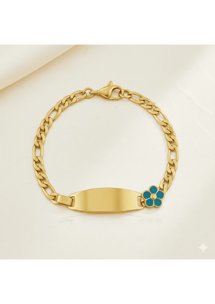 Çocuk Çelik Bileklik - Isme Özel Yazılı - Altın Renk - Turkuaz Papatya Detaylı - Figaro Zincirli fırsatları