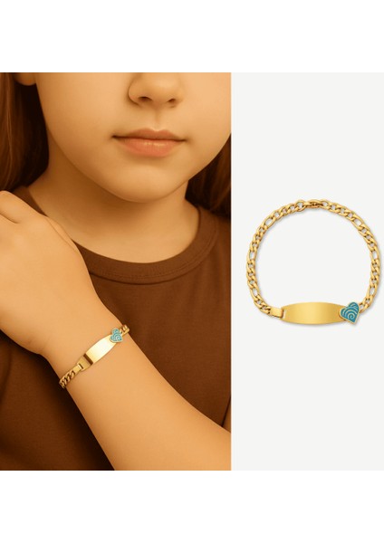 Çocuk Çelik Bileklik - Isme Özel Yazılı - Altın Renk - Turkuaz Kalp Detaylı - Figaro Zincirli fiyatları