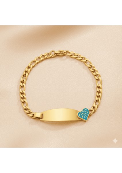 Çocuk Çelik Bileklik - Isme Özel Yazılı - Altın Renk - Turkuaz Kalp Detaylı - Figaro Zincirli fırsatları