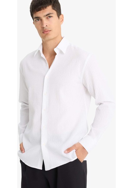 Modern Fit Polo Yaka Krinkıl Uzun Kollu Gömlek