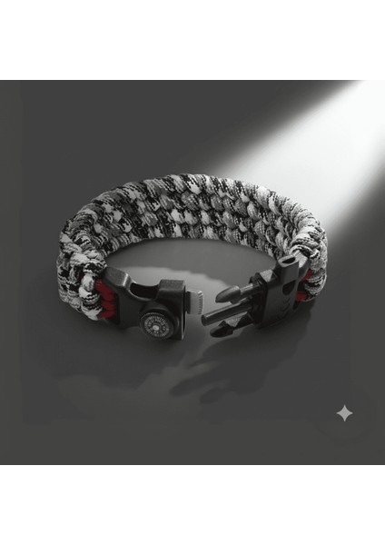 Pusulalı Çakmaklı Taktik Paracord Bileklik - Monokrom Kamuflaj Desen - Kamp ve Doğa Sporları Için fırsatları