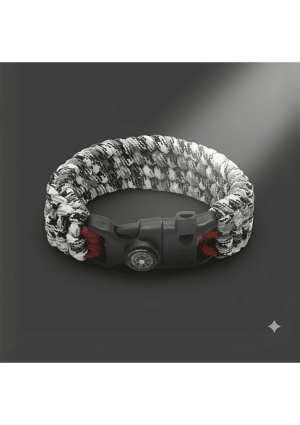 Pusulalı Çakmaklı Taktik Paracord Bileklik - Monokrom Kamuflaj Desen - Kamp ve Doğa Sporları Için indirimleri