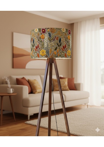 El Yapımı Sonbahar Çiçekleri Desenli Kumaş Tripod Lambader fiyatları