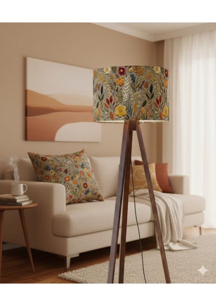 El Yapımı Sonbahar Çiçekleri Desenli Kumaş Tripod Lambader fırsatları