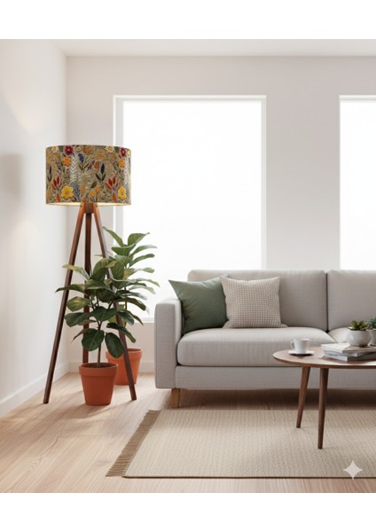 El Yapımı Sonbahar Çiçekleri Desenli Kumaş Tripod Lambader indirimleri