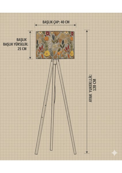 El Yapımı Sonbahar Çiçekleri Desenli Kumaş Tripod Lambader