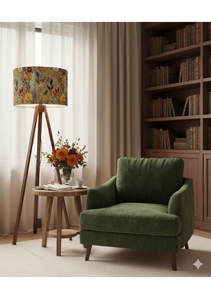 El Yapımı Sonbahar Çiçekleri Desenli Kumaş Tripod Lambader