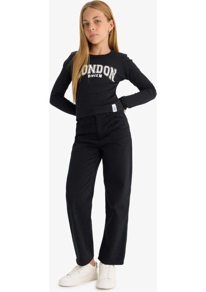 Kız Çocuk Straight Fit Geniş Bol Paça Cepli Pamuklu Okul Pantolonu